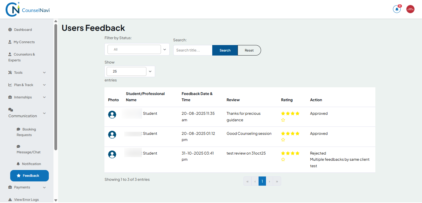 Feedback detailed screen